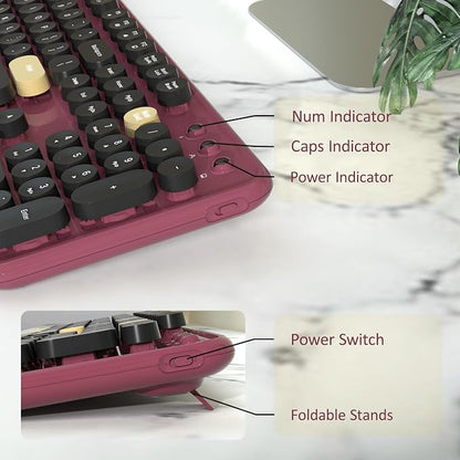 Colorful Wireless Keyboard and Mouse Combo, Retro Typewriter Style Round Keys, 2.4GHz Ergonomic Aesthetic Computer Keyboard with Wrist Rest for Mac, Windows, Laptop, PC(Claret-Red)