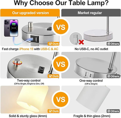 Lynnoland Set of 2 Industrial Table Lamps with USB C+A Ports and Outlet, Brushed Nickle Fully Stepless Dimmable Bedside Lamps, Nightstand Lamp with Opal Glass Shade for Reading Office (2 LED Bulb)