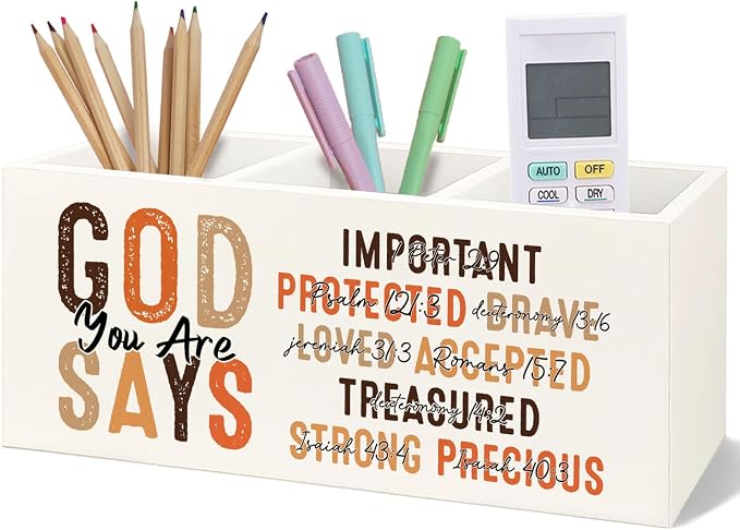 Bookmark Holder Decor Wooden Pen Pencil Holder for Desk, Christian Bible Gifts, God Says you Are Wood Makeup Brush Toothbrush Holder Organizer for Reading Corner Room Library