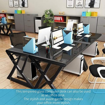 URRED Computer Desk Glass Top and Metal Frame, Desk Table for Computer Desk Gaming Modern Study Office Work Writing Desks Table for Home Office, Black(55.1 inch)