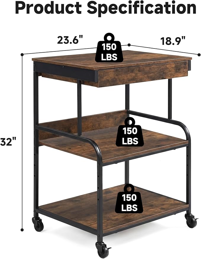 3 Tier Printer Stand with Drawer – Rolling Printer Cart on Wheels for Home Office, Adjustable Shelf & Heavy Duty Steel Frame, Large Printer Table for Scanner Fax Copier,23.6''x18.9''