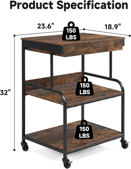 3 Tier Printer Stand with Drawer – Rolling Printer Cart on Wheels for Home Office, Adjustable Shelf & Heavy Duty Steel Frame, Large Printer Table for Scanner Fax Copier,23.6''x18.9''