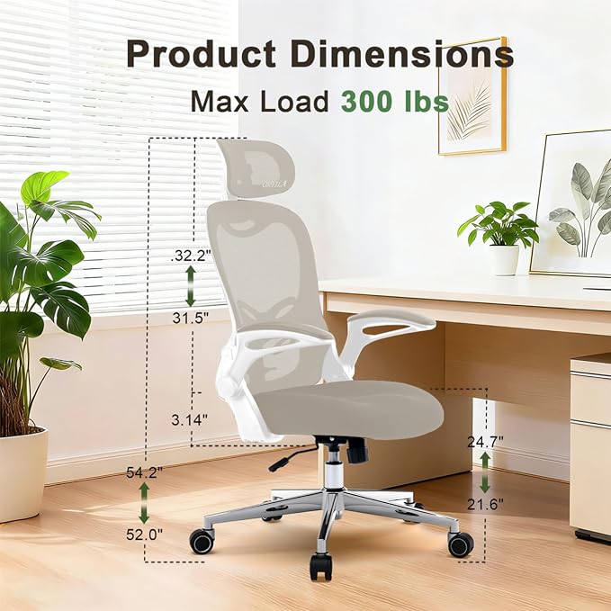 Office Chair, Ergonomic Breathable Mesh Chair,Flip-Up Arms and Adjustable High Back Lumbar Support,Comfy Computer Chair for Home Office (Beige, 407)