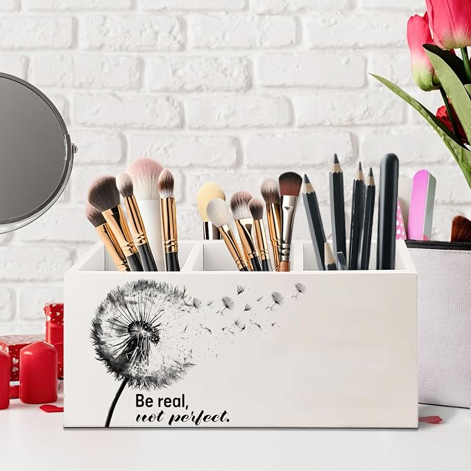 Dandelion Motivational Decorative Pencil Holder for Desk, Be Real Not Perfect Wooden Pen Pencil Holder, Motivational Gifts for Women Men, Motivation Decor for Home Room Office