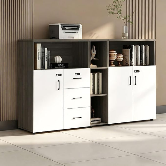 File Cabinet with Password Lock, Wood Lateral Filing Cabinet for Letter/A4 Files, 3 Drawer with Door, Printer Stand with Open Shelves for Home Office