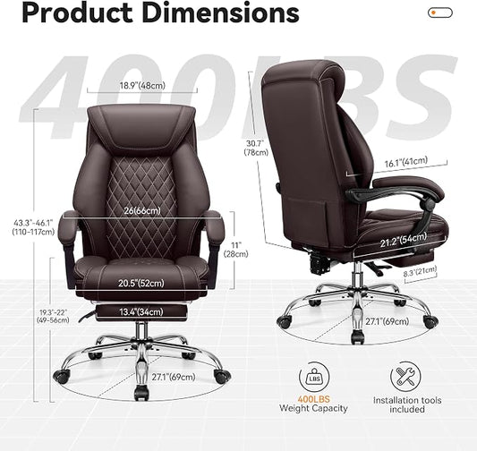 BestGlory Office Chair, Executive Leather Chair Adjustable High Back, Computer Desk Chair Lumbar Support, Big and Tall Office Chair with Footrest, Comfy Reclining Chair for Home Office