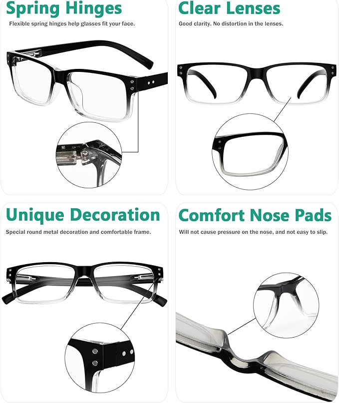 Eyekepper Vintage Eyeglasses for Men - 5 Pack Spring Hinges Classic Glasses - Black-Clear Frame +0.00