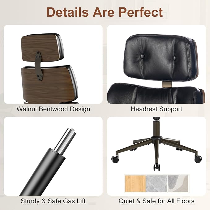 Mid-Century Modern Ergonomic Office Chair,High Back Faux Leather Executive Desk Chair with Walnut Bentwood & Headrest,Adjustable Swivel Computer Chair for Home Office,Black