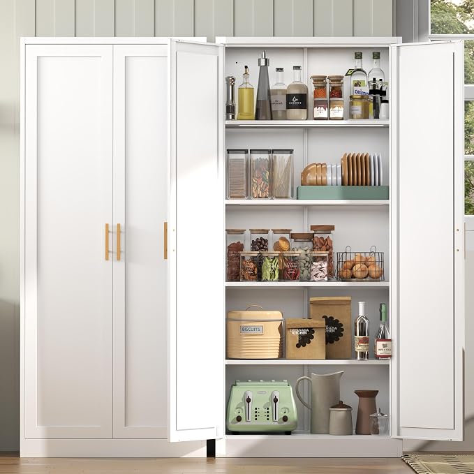 BESFUR 71" Tall White Kitchen Pantry Cabinet, Metal Food Storage Cabinet with 4 Adjustable Shelves, Freestanding Cupboard with Doors for Kitchen, Dining Room, Living Room, Bathroom, Laundry Room