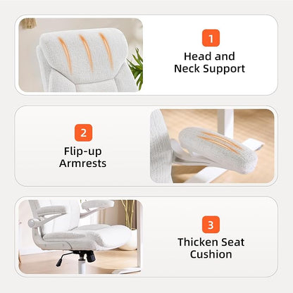 Home Office Ergonomic Desk Chair - Comfy Fabric Executive Chair with Flip-Up Armrests, Height Adjustable Computer Chair for Gaming, 360° Swivel & Rocking (White)