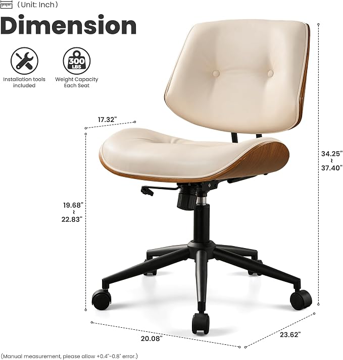 ovios Home Office Chair with Wheels, Modern PU Leather Swivel Computer Desk Chair, Mid Back Adjustable Height Armless Walnut Chairs for Office (White Button)