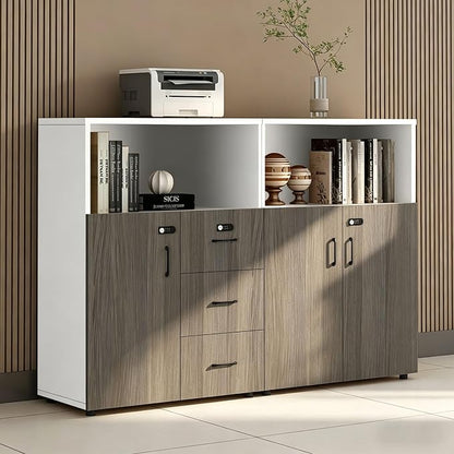 File Cabinet with Password Lock, Wood Lateral Filing Cabinet for Letter/A4 Files, 3 Drawer with Door, Printer Stand with Open Shelves for Home Office