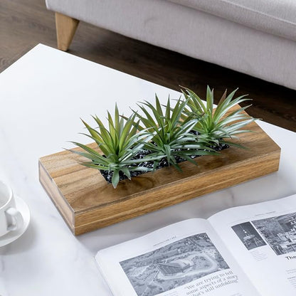MyGift 15 Inch Large Artificial Green Grass Plants in Premium Acacia Solid Wood Decorative Planter, Tabletop Faux Greenery Decor with Wooden Rectangular Container