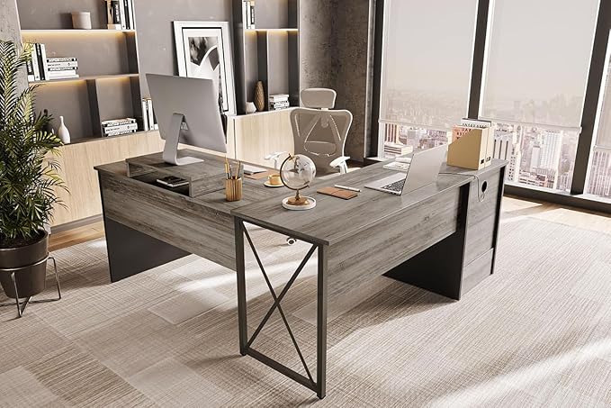Bestier L Shaped Standing Desk with Lift Top, 55"x55" Standing Corner Desk for Home Office, Computer Desk with Reversible File Drawer and Monitor Stand, Grey Wash