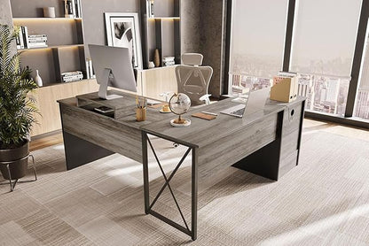 Bestier L Shaped Standing Desk with Lift Top, 55"x55" Standing Corner Desk for Home Office, Computer Desk with Reversible File Drawer and Monitor Stand, Grey Wash