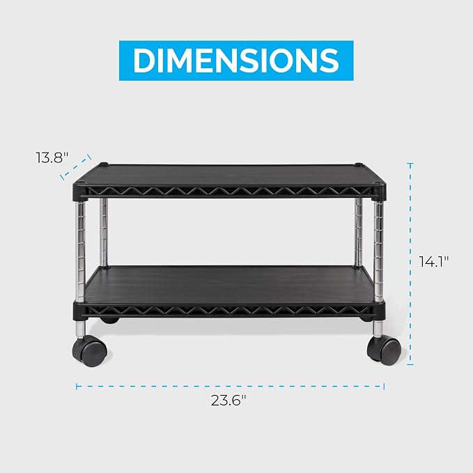 Under Desk Printer Stand with Storage 24" X 14", Printer Cart, Small Printer Stand with Wheels, Small Printer Table for Home Office, Heavy Duty Low Rolling Cart, (Regular, Black)
