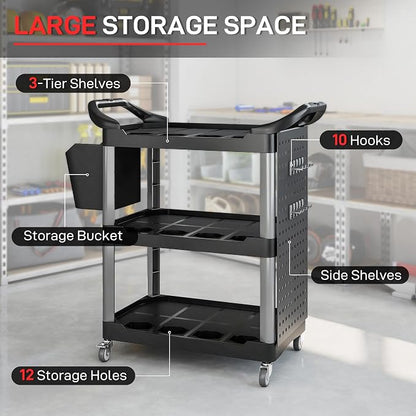 HOMCOM 3 Tier Utility Cart on Wheels, Rolling Tool Storage with Pegboards and Bucket, 200 LBS Load Capacity Plastic Service Cart for Garage, Warehouse, Workshop, Black and Light Gray