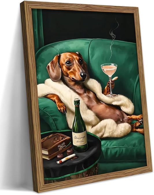 Framed Funny Dachshund Wall Art, Playful Dog Canvas Print with Martini and Cigar, Humorous Animal Poster, Abstract Dog Wall Decor for Living Room Bedroom, Gift for Pet Lovers 16x24 inch