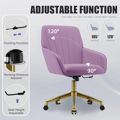 YISHENG Velvet Office Desk Chair with Gold Base, with Wheels,Modern Height Adjustable 360 Degree Swivel Upholstered Vanity Chairs with Arms for Living Room Bedroom,Purple