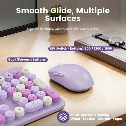 Wireless Keyboard and Mouse Combo, Retro Round Keycaps, Full-Size Stylish Typewriter Keyboard with Large Phone/Tablet Holder, 3-Level DPI Ergonomic Mouse, 2.4GHz Cordless for Windows PC, Lavender Mist