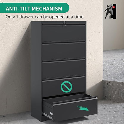 IKIMI 5 Drawer Lateral File Cabinets with Lock,Metal Lateral Filing Cabinet for Home Office,Wide Steel Storage Cabinet Commercial Drawer for Legal/Letter/A4 Size Files Assembly Required
