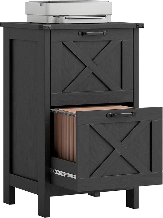 HOMCOM 2 Drawer Vertical File Cabinet with Silent Slides, Rustic Farmhouse Filing Cabinet with Barn Doors for A4/Letter Size, Printer Stand with Storage for Home Office, Distressed Black