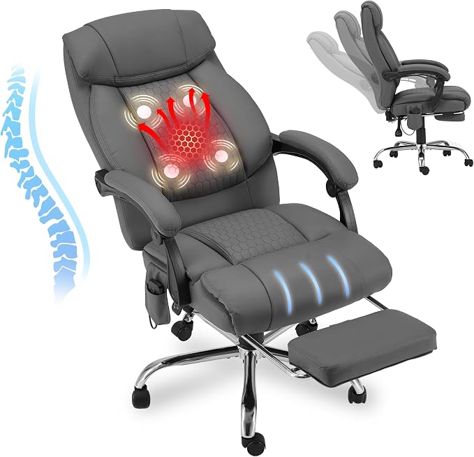 HOMREST Four-Points-Massage Executive Office Chair with Footrest,Reclining Massage Office Chair with Heated,Ergonomic Chair for Home Office Gray