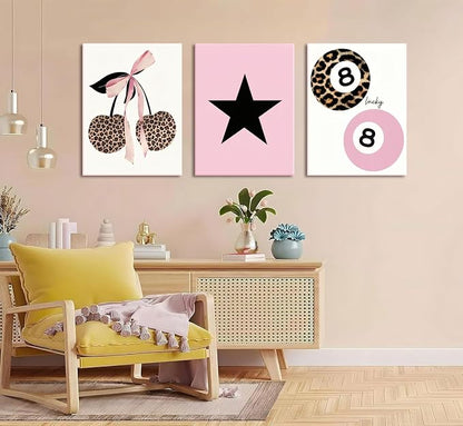 Trendy Pink Leopard Bow Canvas Wall Art Set of 3 Funky Cherry Lucky 8 Ball Posters Prints Wall Decor Cute Coquette Preppy Aesthetic Pictures for Girls Bedroom Dorm Apartment 12x16 In Framed