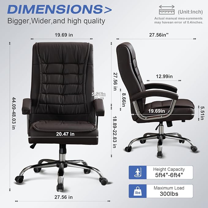 Executive Office Chair Adjustable Leather Chair High Back Swivel Office Desk Chair with Padded Armrest 350lbs Load-Bearing Spring Seat Computer Desk Chair for Home Office, Brown