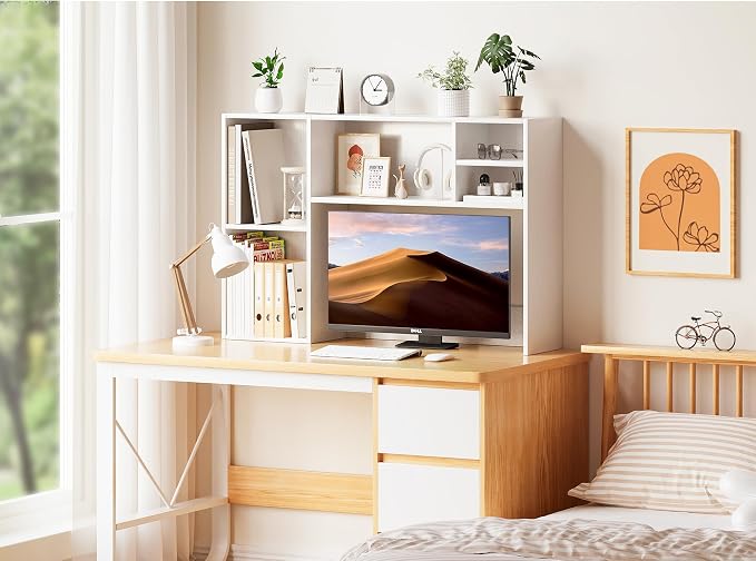 ZIFTY Desk Hutch with 6 Shelves, 37.4" Desktop Bookshelf Organizer for Monitor up to 27", Hutch Top for Computer Desk, Countertop Storage Shelf Wood Display Rack for Office Home Dorm, White