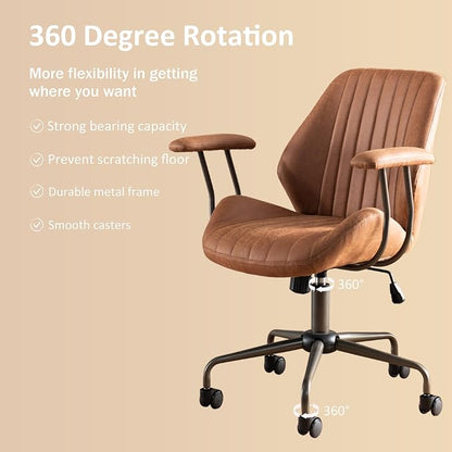 Mid Back Home Office Chair, Mid Century Modern Executive Chair, Comfy Ergonomic Rolling Office Desk Chair with Lumbar Support, Brown Faux Leather Office Chair, Brown