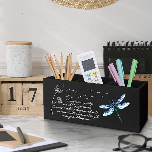 Dragonfly Dandelion Decorative Black Pencil Holder for Desk, Black Bookmark Holder Decor, Pen Caddy for Desk Decorative, Motivational Gifts for Women
