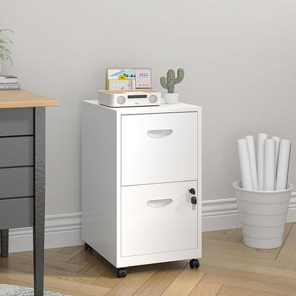 UNICOLY 2 Drawer File Cabinet with Lock, Filing Cabinets with Wheels, Rolling File Cabinets for Home Office, Metal Office File Cabinet, for Holding Letters and File Boxes, Assembly Required, White