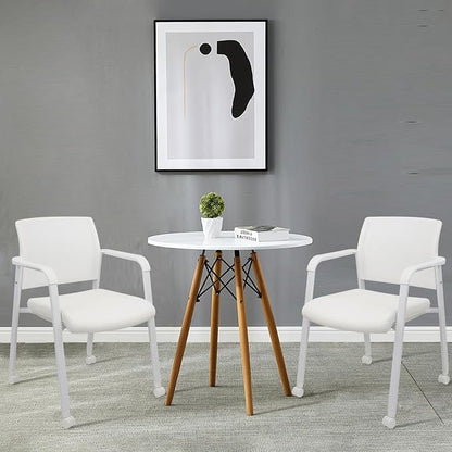 CLATINA Stacking Office Chairs with Wheels | Mesh Back, Thicken Leather Seat and Streamline Armrests, Ergonomic Lumber Support | School, Desk, Guest Reception, Waiting, Conference | Set of 4, White