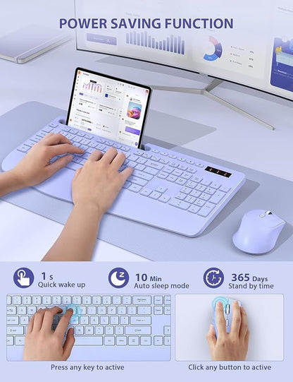 SABLUTE Wireless Keyboard and Mouse, Wrist Rest, Phone Holder, Batteries Included, 2.4G Lag-Free Ergonomic Keyboards Mouse Combo, KM23D Silent Keyboards Set for Computer, Laptop, PC, Windows, Purple