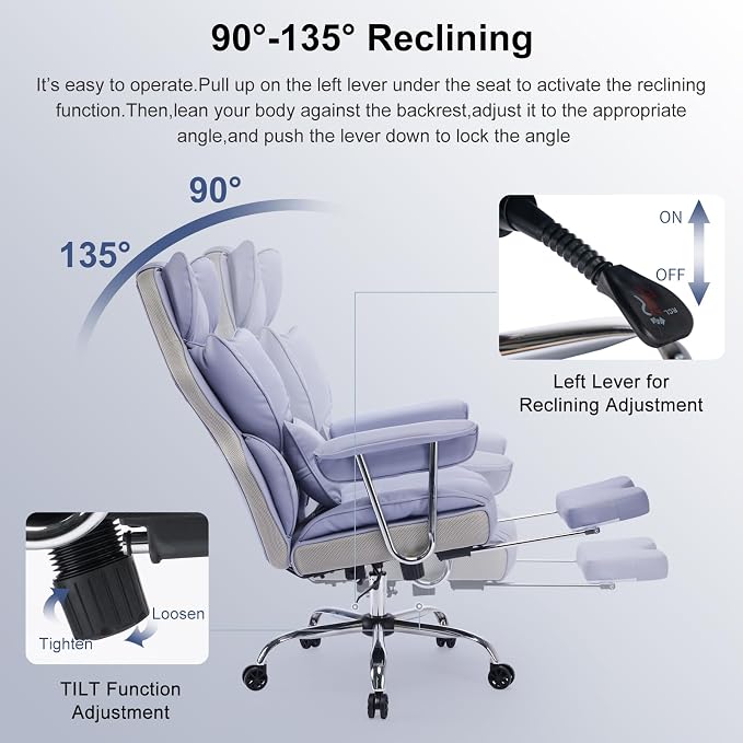 Efomao Executive Office Chair for Heavy People, High Back Computer Chair with Foot Rest, Height Adjustable PU Leather Office Chair,Big and Tall Office Chair (Purple)