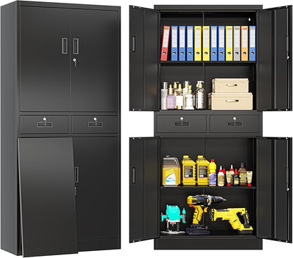 BESFUR Metal Storage Cabinet with 2 Drawers and Adjustable Shelves, 71" H Locking Storage Cabinet for Office, Garage, Home, School, Utility -Black