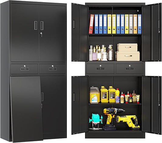 BESFUR Metal Storage Cabinet with 2 Drawers and Adjustable Shelves, 71" H Locking Storage Cabinet for Office, Garage, Home, School, Utility -Black