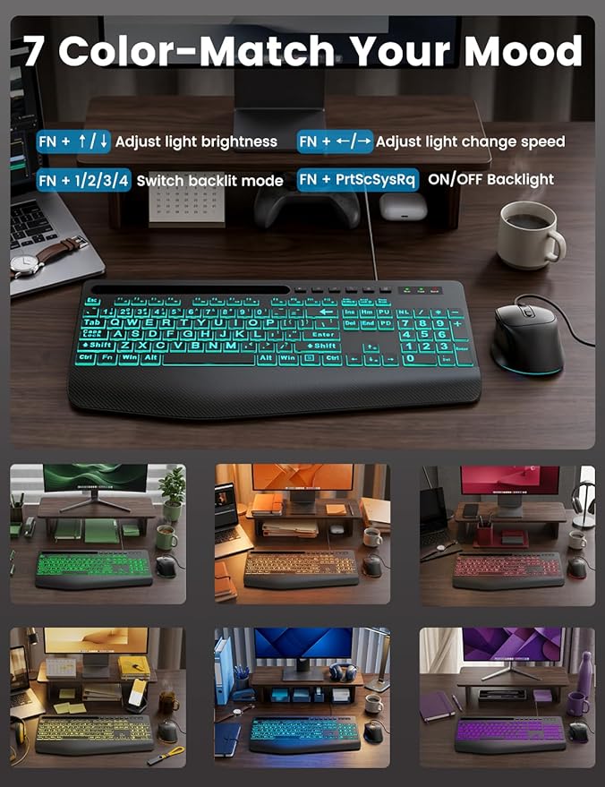 SABLUTE KM21Pro Wired Keyboard and Mouse Combo, 4X Larger Print Backlit Keys, Palm Rest, Ergonomic Design, USB Plug & Play for Windows PC Laptop, Ideal for Seniors, Students, Home & Office
