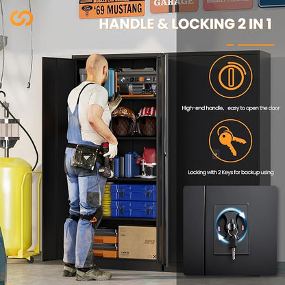 Metal Garage Cabinets with Lock, 72" H Garage Storage Cabinet with 2 Doors and 4 Adjustable Shelves, Steel Locking Caninet Tall Tool Storage Cabinets, Lockable File Cabnet for Home Office
