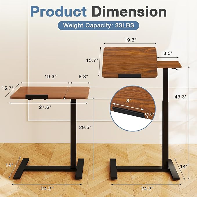 Small Standing Desk Mobile Rolling Table with Wheels Adjustable Height, Portable Laptop Computer Workstation with Tiltable Desktop for Teacher Classroom Home Office, Brown