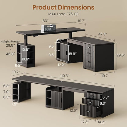 SEDETA Fluted L Shaped Electric Standing Desk, 63" x 67" Height Adjustable Home Office Executive Desk with Drawers and Shelves, Two Person Desk with Power Outlet for Home Office, Black