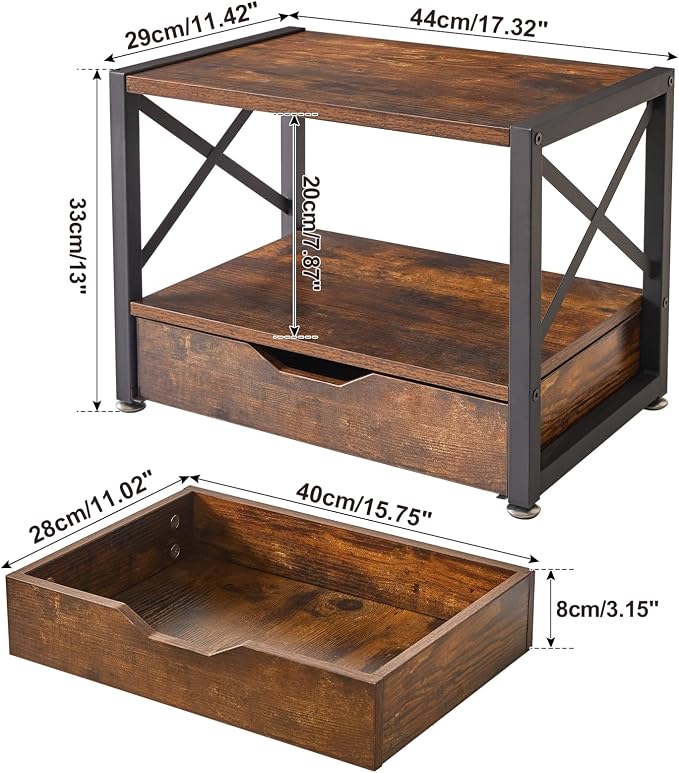 IBUYKE 2 Tier Desktop Printer Stand,Multi-Purpose Desk Organizer,Wooden Printer Stand with Drawer Storage for Folders,Books,for Fax Machine, Scanner,Home Office,Rustic Brown UTLJ006H