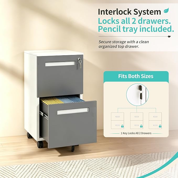 SAWJEC 2 Drawer File Cabinet with Lock, Fully Assembled Filing Cabinet Rolling Printer Stand Under Desk fits Legal/A4/Letter Size, Home Office Storage,18" D x 15" W x 27" H, Grey