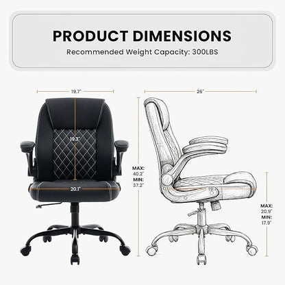 Leather Office Chair, 300lbs Heavy Duty Mid-Back Desk Chairs with Flip-up Armrests, Space-Saving Swivel Task Chair with Wheels, Adjustable Height and Ergonomic Back Support, Black