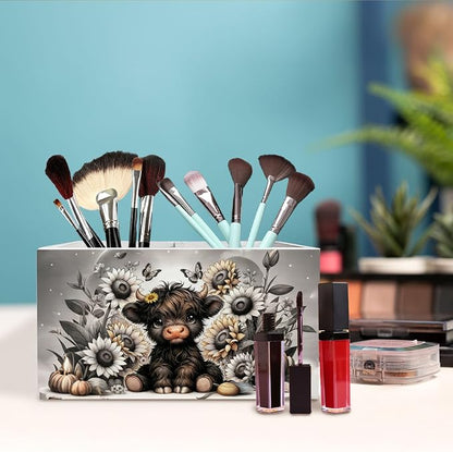 Sunflower Black Highland Cow Pen Holder for Desk, Highland Cow Gifts Wooden Box Sign Desk Decor for Home Office Decoration, Farmhouse Butterfly Floral Heifer Pencil Organizer