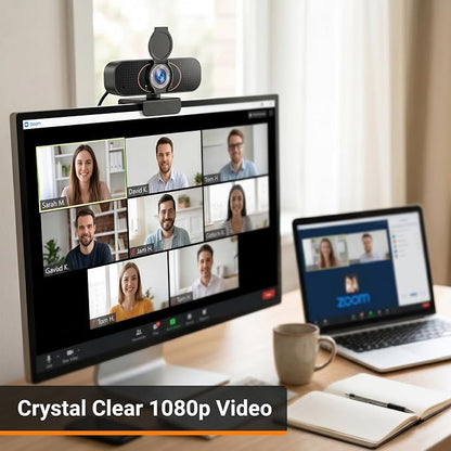 1080P USB Webcam for PC with Microphone Privacy Cover & Tripod | Plug and Play, No drivers; Clear Video Auto Lighting; Noise Canceling Audio; Universal Clamp Mount; Works with Zoom and Teams
