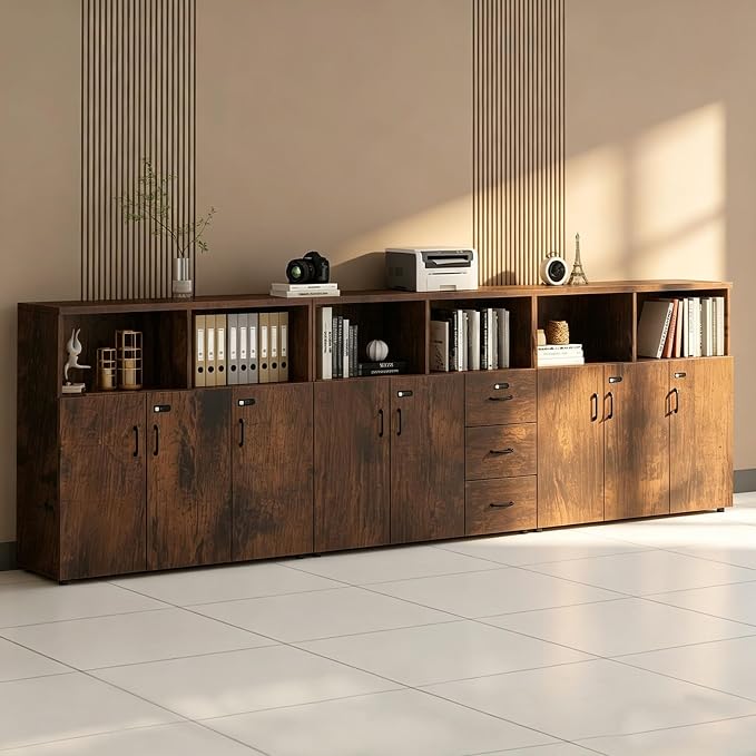 File Cabinet with Password Lock, Wood Lateral Filing Cabinet for Letter/A4 Files, 3 Drawer with Door, Printer Stand with Open Shelves for Home Office