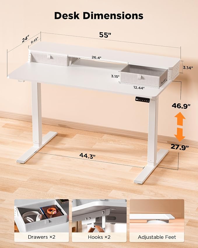 FiCiHi 55x24 Inch Standing Desk with Drawers, C-Clamp Mount Compatible, Electric Adjustable Height Computer Stand Up Desks, Home Office Sit Stand Table with 3 Preset Heights, White