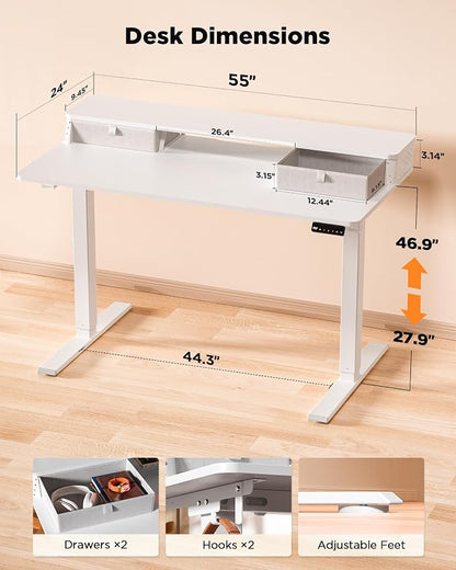 FiCiHi 55x24 Inch Standing Desk with Drawers, C-Clamp Mount Compatible, Electric Adjustable Height Computer Stand Up Desks, Home Office Sit Stand Table with 3 Preset Heights, White